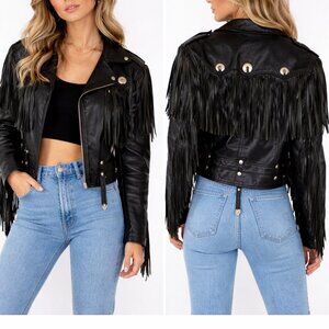 ✨ Vintage 80s/90s Black Leather Fringe Jacket – Western Style ✨